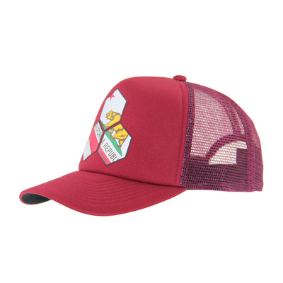 Op maat gedrukt rode truckerhoed, hoogwaardige zomer baseballpet.