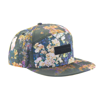 100% polyester 7 Panel Snapback aangepaste kamphoed met lederen patch logo aan de voorzijde