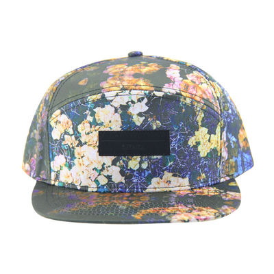100% polyester 7 Panel Snapback aangepaste kamphoed met lederen patch logo aan de voorzijde
