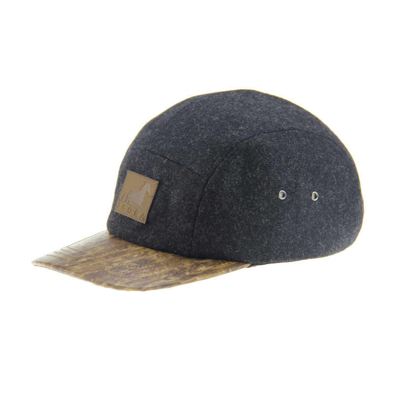 Bamboe PU Wolle Camping Baseball Cap 5 Panel Snapback Hoed Met Leer Gedrukt Logo